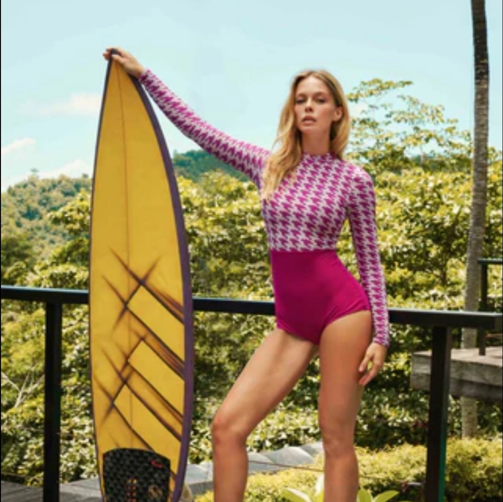 Wet Swimwear Houndstooth Bonnie Rashguard Style Swimsuit And Matching Sarong
